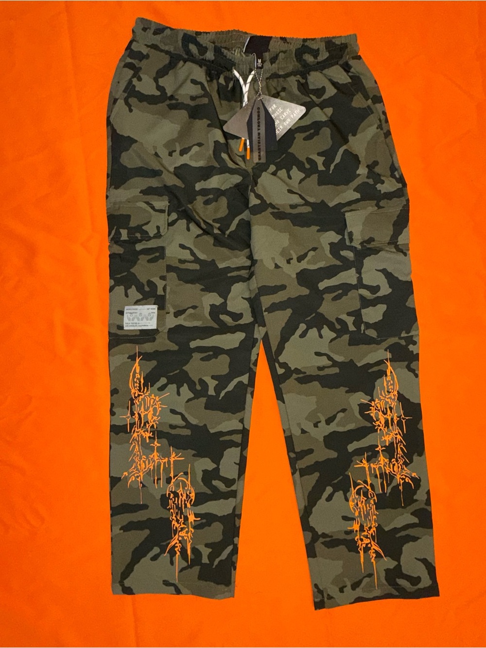 Men's Olive Camo Cargo Pants with Orange Graphic Detail